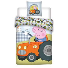 036 Peppa Pig Bed Linen, Cot Linen, Peppa Pig George's Tractor, Reversible Bedding, Cushion Cover 40 x 60 + Duvet Cover 100 x 135 cm, 100% Cotton