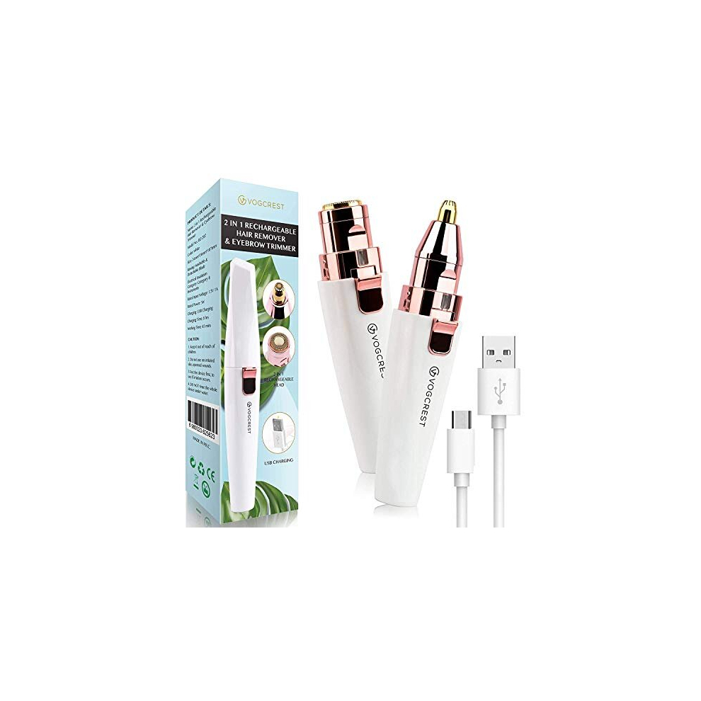 Vg Vogcrest Rechargeable 2-In-1 Eyebrow Razor & Facial Hair Remover For Women - Gentle, Painless, Led Light, Wet/Dry