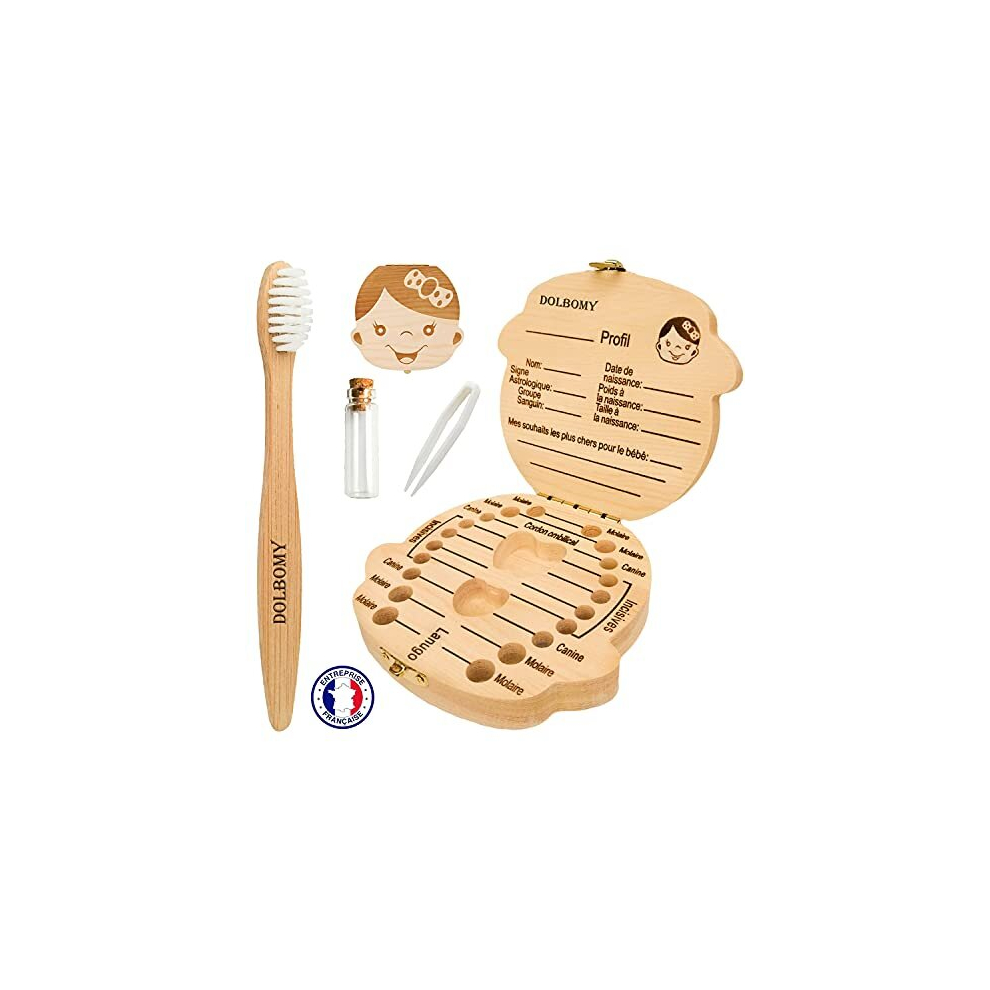 Dolbomy Baby Girl And Boy Milk Tooth Box In French – Free Bamboo Toothbrush – Keep And Protect Small Childhood Souvenirs – Baby Gift