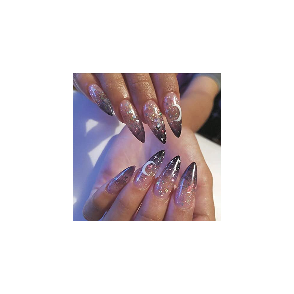 Carufin 24 Pcs Funny Fake Nail Moon Stars Acrylic False Nails Press On Nails Long Artificial False Nails For Women Girls (A)