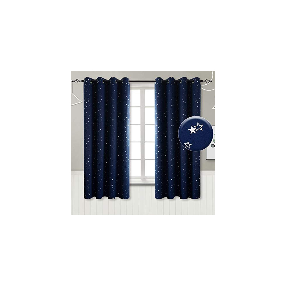 Blackout curtains for Bedroom 2 Panels with Silver Star Pattern, Thermal Insulated Room Darkening Eyelet Curtains, Navy, 46 x 54 Inches
