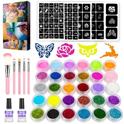 Temporary Glitter Tattoos Kit, 24 Large Glitter Colors & 6 Fluorescent
