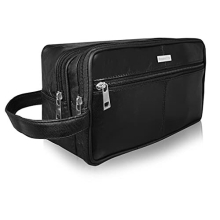 Roamlite RL215 Leather Toiletry Bag - Soft Black Genuine Leather, 2-Compartment Design, Hanging Handle, Unisex Travel & Gym Wash Bag