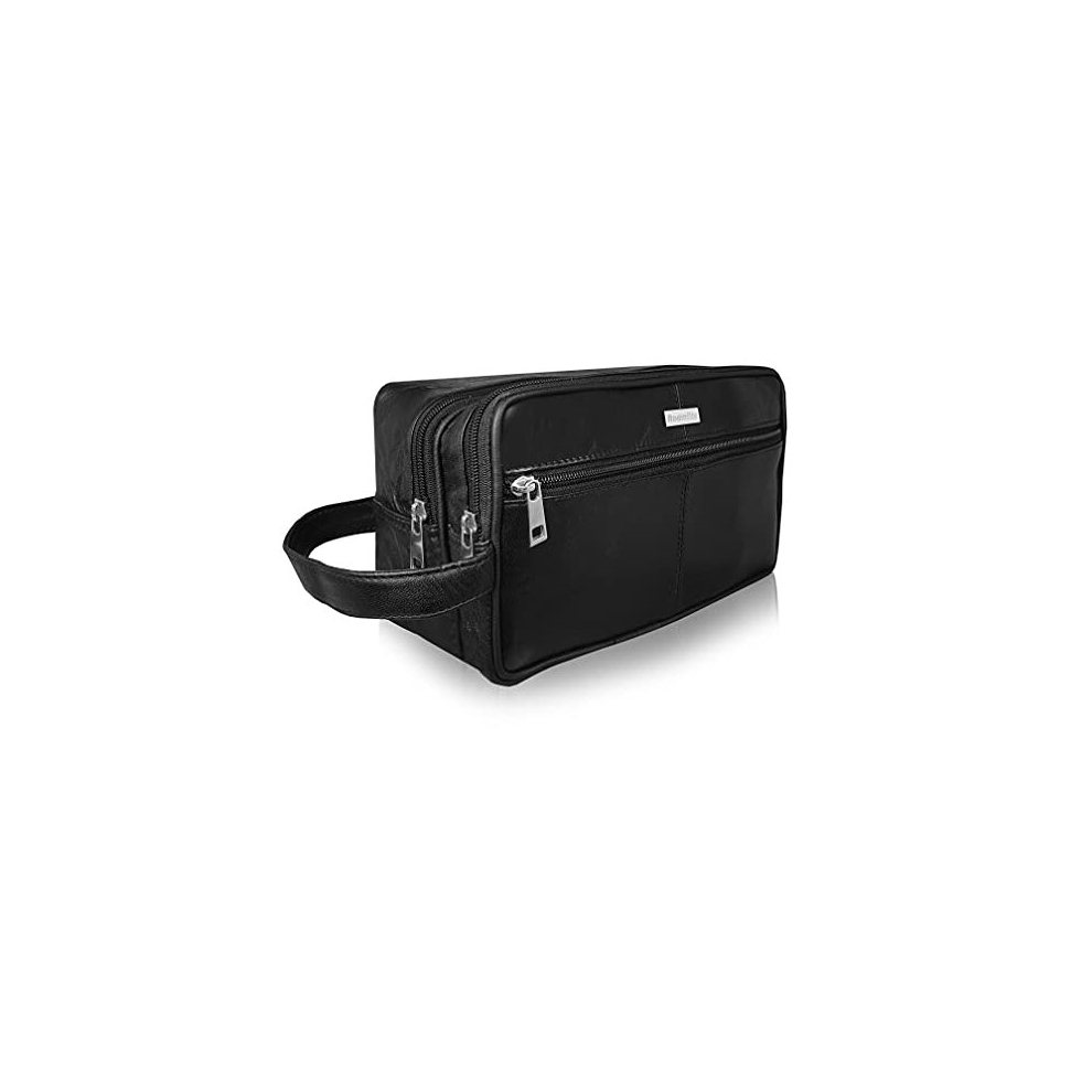 Leather Toiletry Bag - Toiletries Wash Bag - Soft Black Genuine Leather - Great Travel Gym Shower Bags - Unisex Men's or Ladies - 2 Zipped
