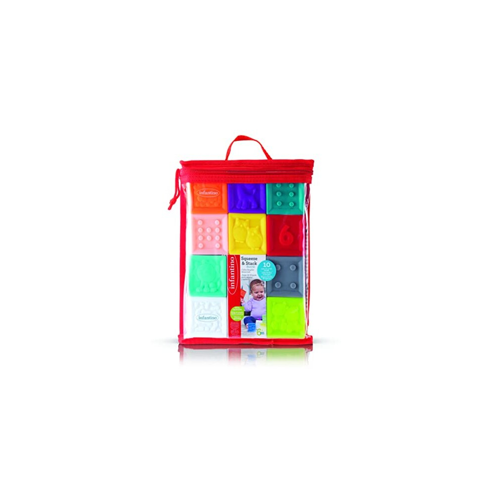 Squeeze and Stack Block Set - 10 Soft Colourful Blocks Featuring Numbers, Animals and Shapes for Sensory Exploration and Early Stacking Skills, 206711