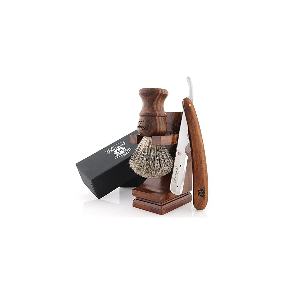 Haryali London Shaving Kit - 3 Pc Wooden Shaving Kit Â Professional Cut Throat Razor Kit - Cut Throat Razor - Badger Shaving Brush - Shaving Stand From Wood
