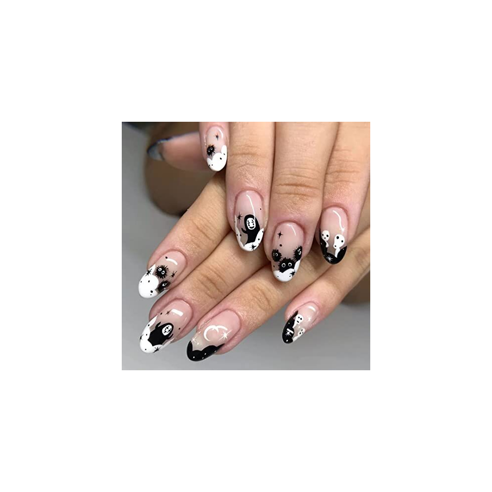 Wedity 24 Pcs Halloween Fake Nails Pumpkin Ghost Print Cute False Nails Press On Nails Artificial Nails For Women And Girls (D)