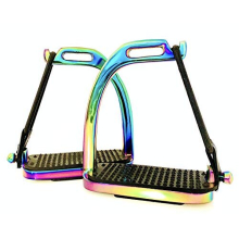 PEACOCK RAINBOW Gloss Fillis Safety STIRRUPS Horse Riding S/Steel With Black Treads 4" & 4.75" (Rainbow, 4.75 Inches)