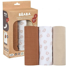BÉABA, Set of 3 Baby Swaddle Cloths, Organic Cotton Muslin, Multi-Purpose: Swaddle Blanket, Bib, Travel Blanket, Comforter, Ultra Soft, Breathable,