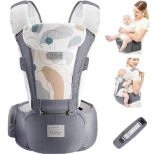 Baby Carrier Newborn to Toddler, Bebamour Baby Carrier Hipseat 0-36Months with Head Hood, 3 PCS Teething Pads, Waist Extender, Grey