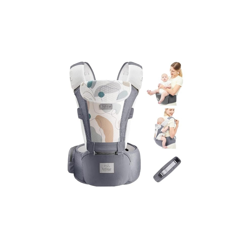 Baby Carrier Newborn To Toddler, Bebamour Baby Carrier Hipseat 0-36Months With Head Hood, 3 Pcs Teething Pads, Waist Extender, Grey Bebear
