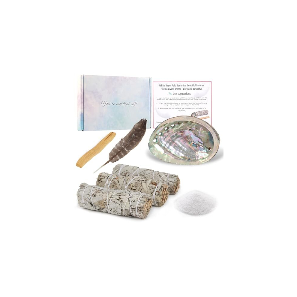 Sage Smudge Kit - 3 White Sage Sticks, Palo Santo Sticks, Abalone Shell, Smudging Feather,White Sand& Guide~ Sage Incense Sticks for Cleansing House &