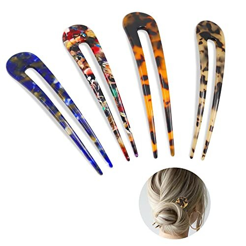 4 Pieces U Shaped Hairpin Fork, French Style Hair Pins, Hair Forks Tortoise Shell for Long Hair, 2 Prong Updo Chignon Pin for Hairstyle Accessories