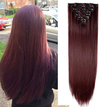 26" Hair Extensions Clip in 8 Pieces Silky Full Head Hairpieces Synthetic Fibre Hair Set - Wine Red(Straight,Length:66cm,Weight:140g)