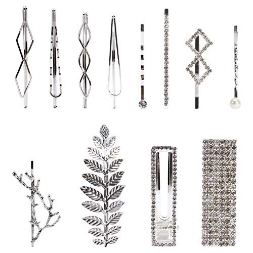 12 Pack Silver Metal Pearl Crystal Rhinestone Branch Leaf Hair Clips Snap Barrettes U Shaped Decorative Bobby Pins Alligator Hairclips Wedding Party