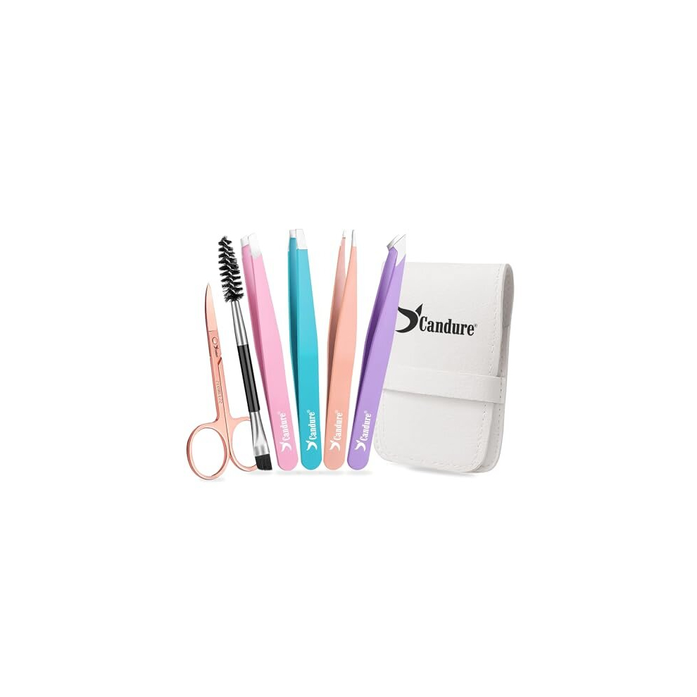 Candure Tweezers For Eyebrows Professional Slanted And Pointed Stainless Steel Tweezer Set, Eyebrow Brush And Scissors For Ingrown Hair, Facial Hair, Eyelash