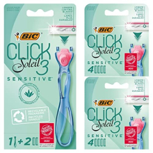 Click 3 Soleil Sensitive Refillable Women's Razor, 30% Recycled Plastic Handle, 10 x 3-Blade Refills, Lubricating Strip - Bundle of 1+10