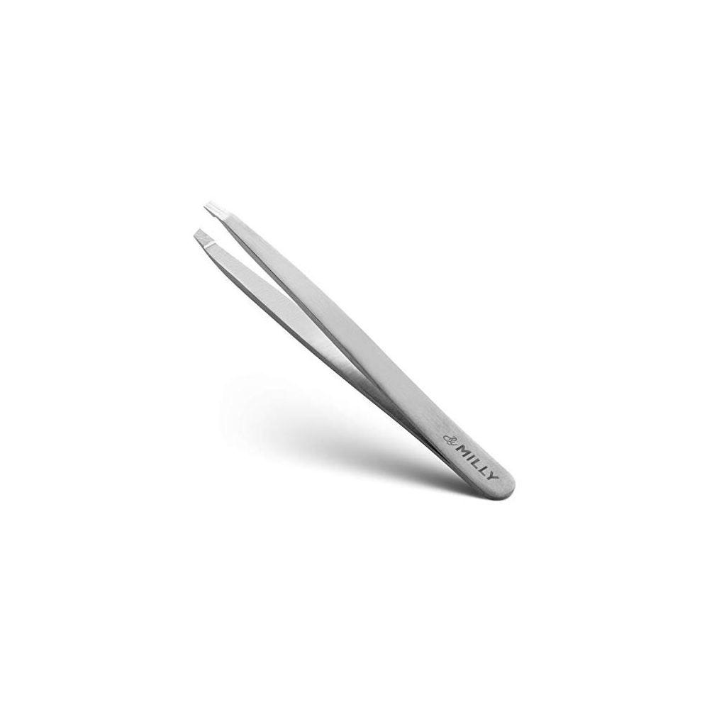 By Milly Slanted Tweezers - Hammer Forged 100% High Carbon German Stainless Steel - Hand-Filed And Perfectly Aligned Precision Slant Tips - Silver