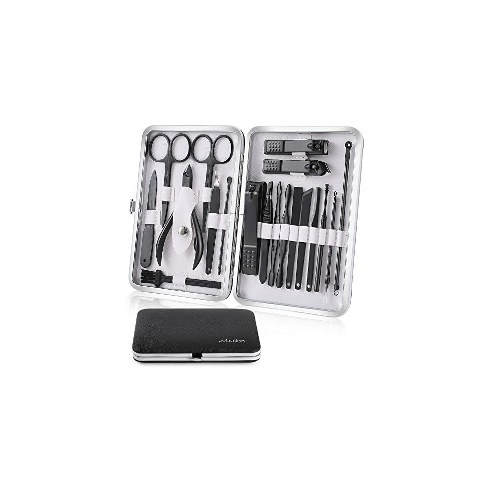 Manicure Set, Jubolion 19pcs Stainless Steel Professional Nail Clippers Pedicure Set with Black Leather Storage Case, Portable Grooming Kit for Travel