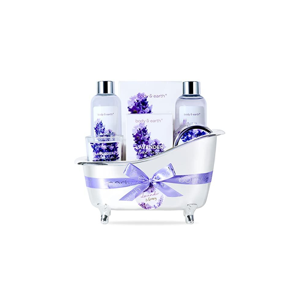 Body & Earth Lavender Spa Gifts Set For Women,7Pcs Bath Sets For Women Gifts Scented Candle, Shower Gel, Bath Salt, Bubble Bath, Body Lotion Pamper Gifts Sets