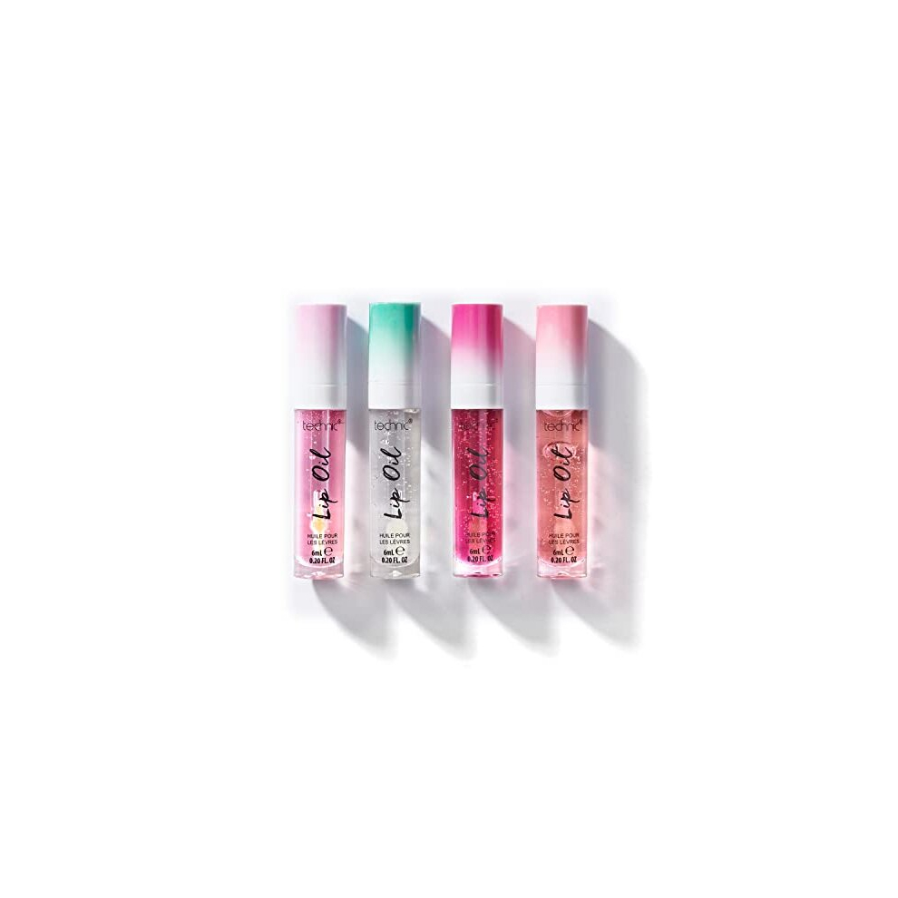 Lip Oil Bundle - 4 Flavoured, Non Sticky, Hydrating Lip Oils With a High Shine Glossy Finish - Mixed Variety Multipack - Strawberry, Mint, Cherry,