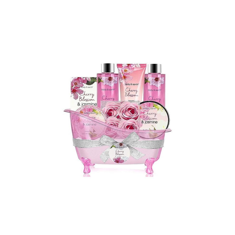 Body & Earth Gifts For Women, 8Pcs Pamper Gifts For Women With Cherry Blossom&Jasmine, Includes Bubble Bath, Shower Gel, Soap, Birthday Gifts For Women, Spa Gifts