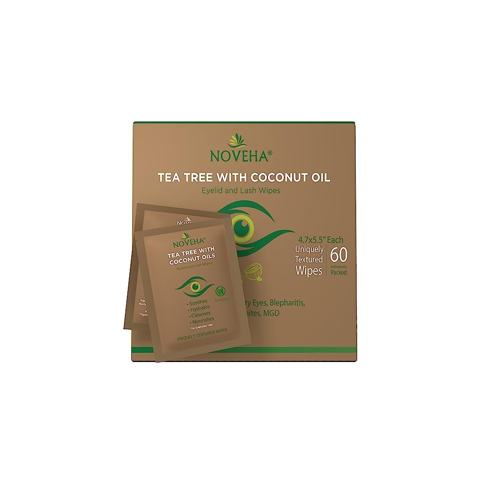 Noveha Tea Tree & Coconut Oil Eyelid & Lash Wipes | For Demodex, Blepharitis & Itchy Eyes, Box Of 60 Individually Wrapped Eyelash Wipes With Aloe Vera,