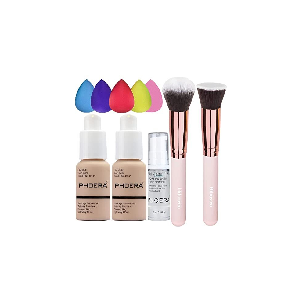 Foundation Make For PHOERA Nude 102 And Face Primer, Liquid Full Coverage Foundation Set,Foundation Brush Powder Brush,5 Makeup Sponge,24HR Matte Oil