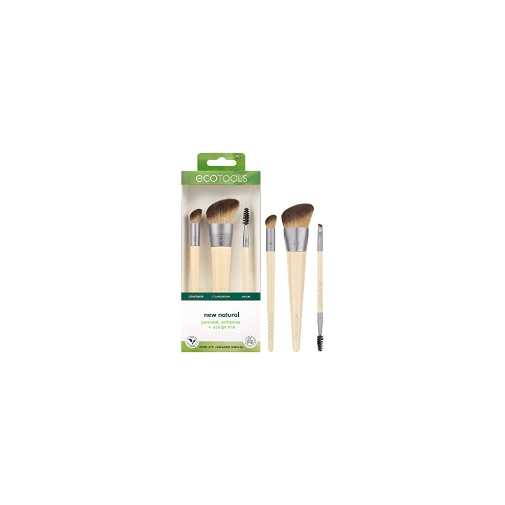 New Natural Conceal, Enhance, & Sculpt Trio, Makeup Brushes For Foundation, Concealer, & Brows, Dense, Synthetic Bristles For Sculpting Face, Vegan &