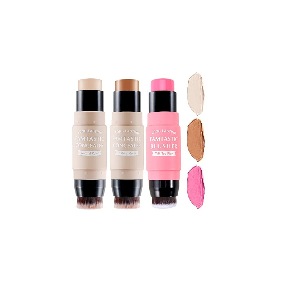 Erinde 3Pcs Contour Foundation Stick With Brush, Creamy Blush Stick For Cheeks & Lips, Highlighter Bronzer Pen, Face Brightens Shades Pen, Highlighting Shade