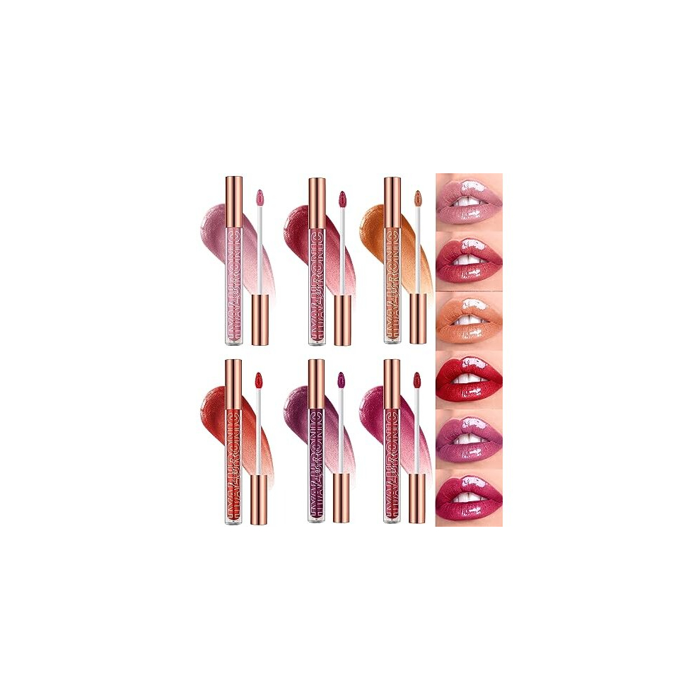 Bekoeen 6Pcs Lasting Plump & Shine Lip Gloss Set Hyaluronic Acid Crushed Diamond Lipstick Non-Sticky Moisturizing Full Color