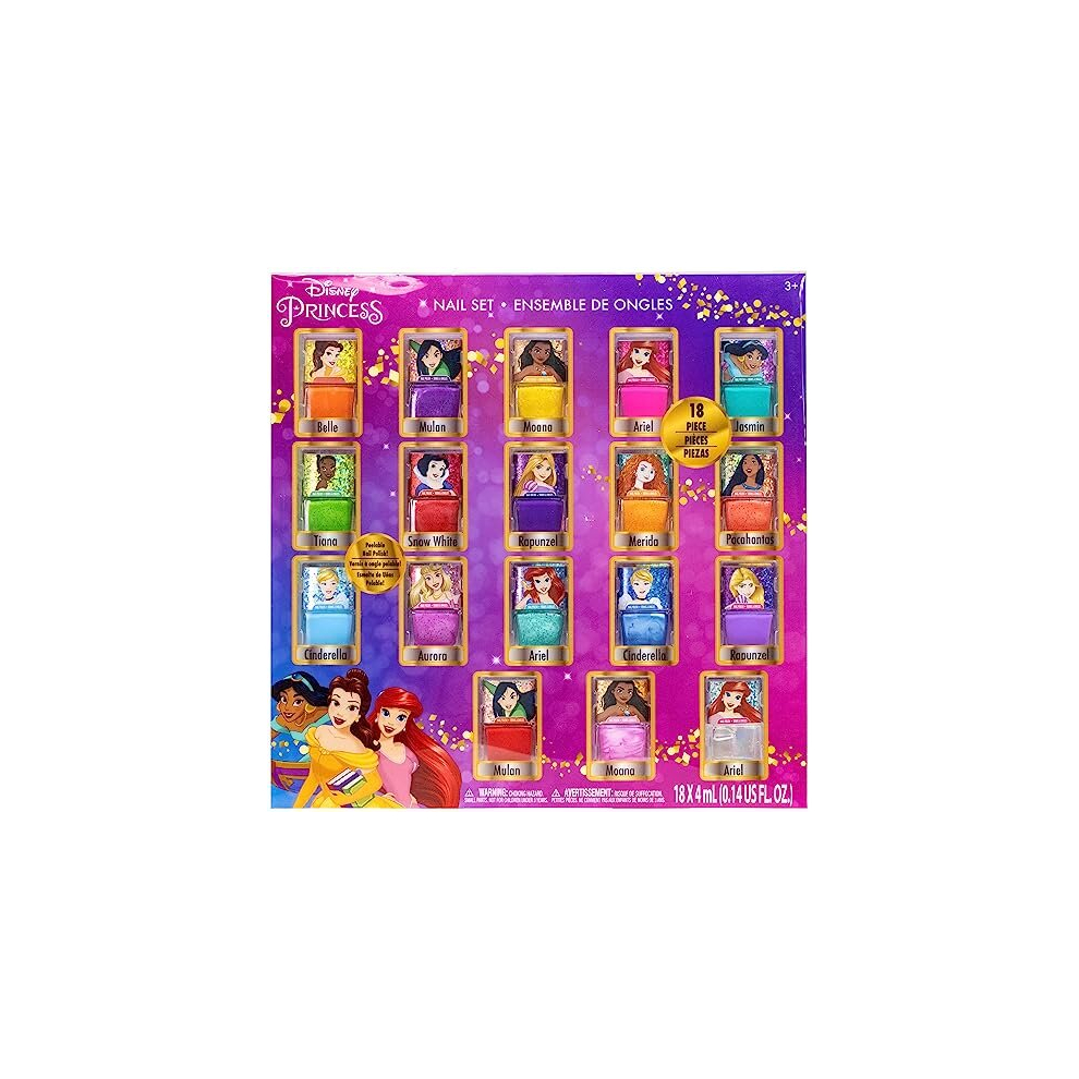 Disney Princess - Townley Girl Water Based Peel-Off Nail Polish Set with Shimmery and Opaque Colors with Nail Gems for Girls Kids Ages 18 Pcs 3+