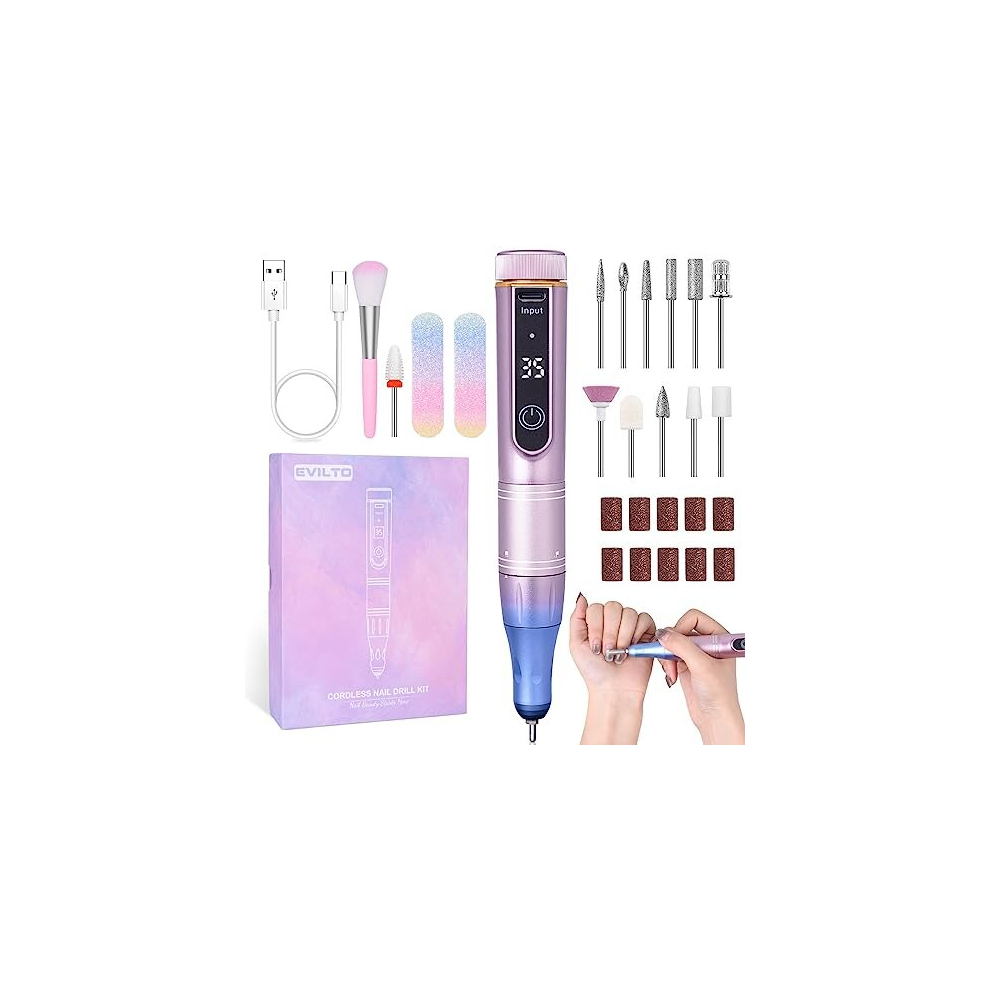 Evilto Electric Nail Files Cordless, Professional Nail Drill Lcd Display With 12 Bits 35 Speed 35000Rpm Rechargeable Manicure Pedicure Efile For GelâNail?