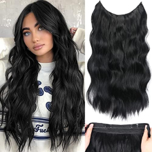 Halos black Hair Extensions with Transparent Wire, Invisible Wire Hair Extensions with 5 Adjustable Sizes, 20 Inch Synthetic Long Wavy Hair Pieces for