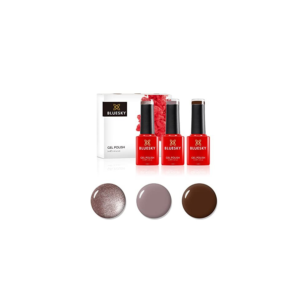 Bluesky Brown Gel Nail Polish Set, Chocolate Box, Faux Fur 80538, Satin Robe Qxg313, Mocha A008, 3 X 5 Ml, Glitter, Dark (Requires Curing Under Uv Or Led