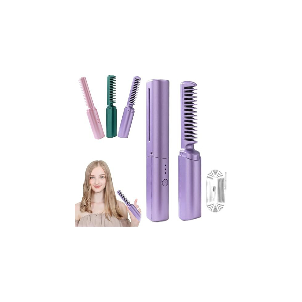 Rechargeable Mini Hair Straightener, 2 in 1 Anti-Scald Hair Straightener Brush and Curler,Portable USB Plug-in Small Hair Curler Iron,Ceramic Mini