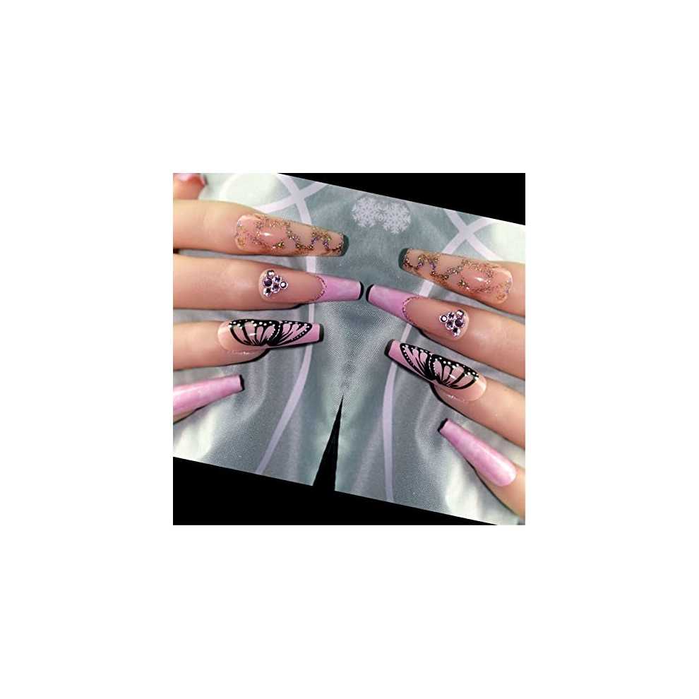 Junpu Pink Long Fake Nails Stick On French Coffin False Nails,24 Pcs Ballerina Butterfly Press On Nails With Rhinestones,Fake Nails With Nail Glue Stickers