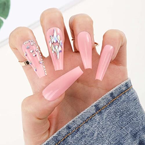 24pcs Coffin Fake Nails Glossy Press on False Nails Long Crystal ...