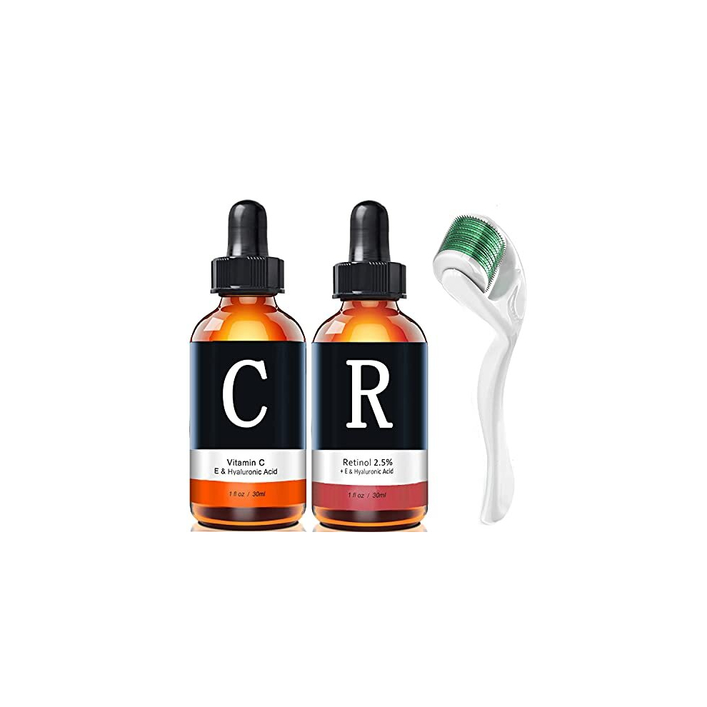 Vitamin C Serum and Retinol Serum - Day and Night Serum for Face, 2-pack, Derma roller 540 Titanium Micro Needle 0.25mm-1Pack