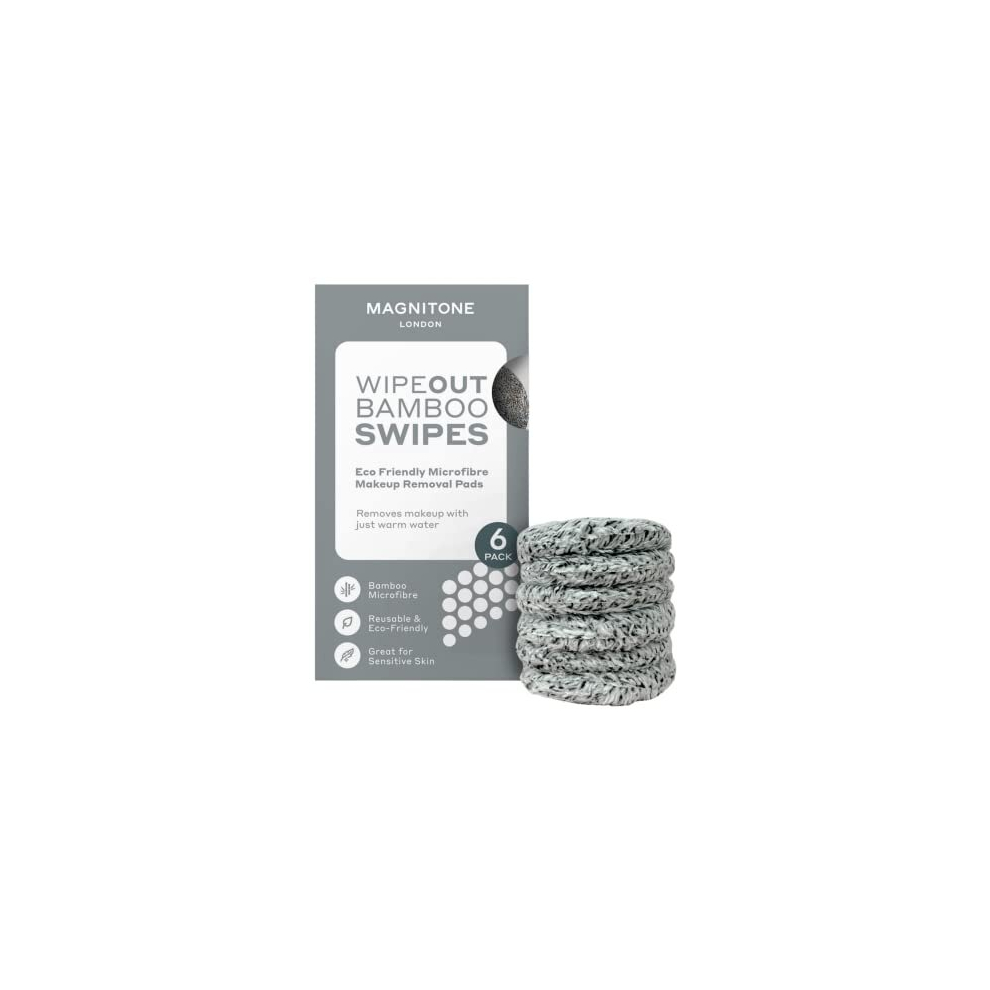 Magnitone Wipeout Bamboo Swipes Eco Friendly Microfibre Makeup Remover Pads, Remove Makeup With Water, 6X Reusable Removal Cleansing Pads, Use On Sensitive Skin