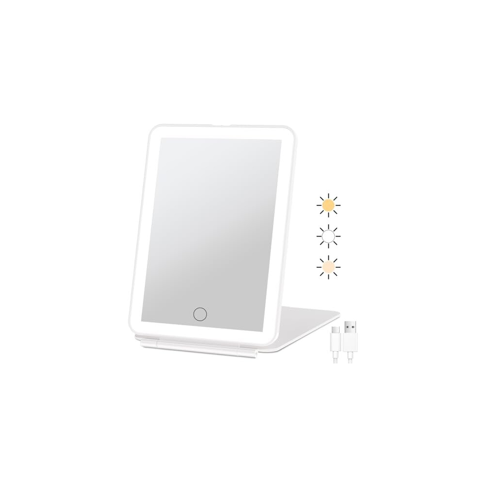 Rechargeable Travel Makeup Vanity Mirror with 72 Led Lights, Portable Lighted Makeup Beauty Mirror, 3 Color Lighting, Dimmable Touch Screen, Tabletop