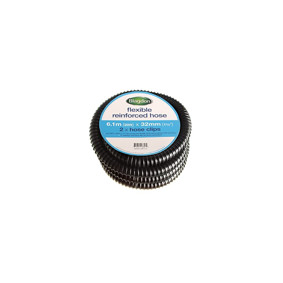 Flexible Reinforced Pond Tubing, 6.1m (20ft) x 32mm (1 1/4”) Internal Diameter, Smooth-bore PVC Pond Tubing, Includes 2 stainless steel Hose Clamps,