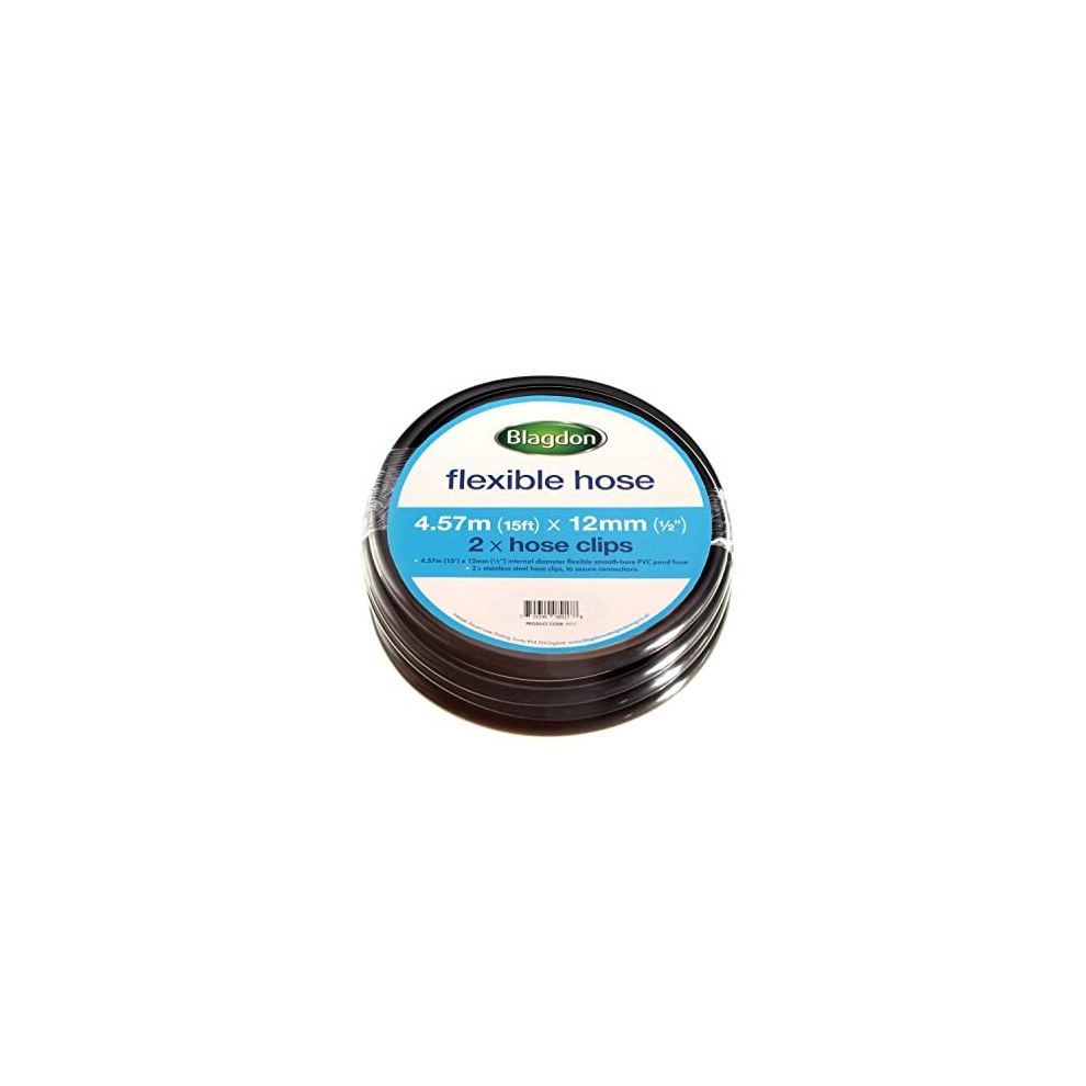 Flexible Reinforced Pond Tubing, 4.57m (15ft) x 12mm (1/2") Internal Diameter, Smooth-bore PVC Pond Tubing, Includes 2 stainless steel Hose Clamps,