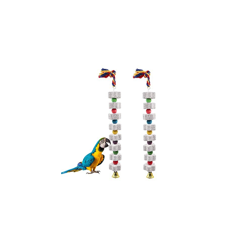 2 Pack Large Bird Chewing Toy, Parrot Beak Grinding Calcium Stone with Bells, Bird Cage Accessories, Cage Toys for Cockatiel Parakeet Parrot Budgies