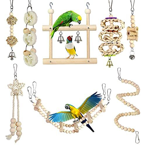 Bird Parrot Swing Chewing Toys, Natural Wood Standing Hanging Hammock ...