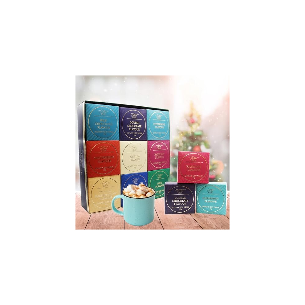 Hot Chocolate Selection Gift Set - Luxury Velvet Rich Assorted 9 Flavours Instant Hot Chocolate Selection Box with Topline Card. Christmas Gift for