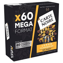 Carte Noire, Espresso Lungo, Nespresso Compatible Aluminium Capsules, 1 Pack of 60 Coffee Pods, 100% Arabica, Roasted and Nutty Notes, Intensity 8/10,