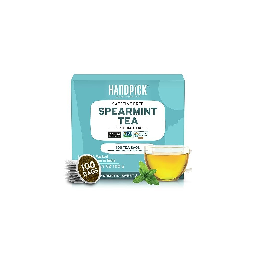 Handpick , Spearmint Tea Bags (100 Count) Non-Gmo, 100% Pure Spearmint Leaf Tea Bags Certified By Tea Board Of India | Raw From India,