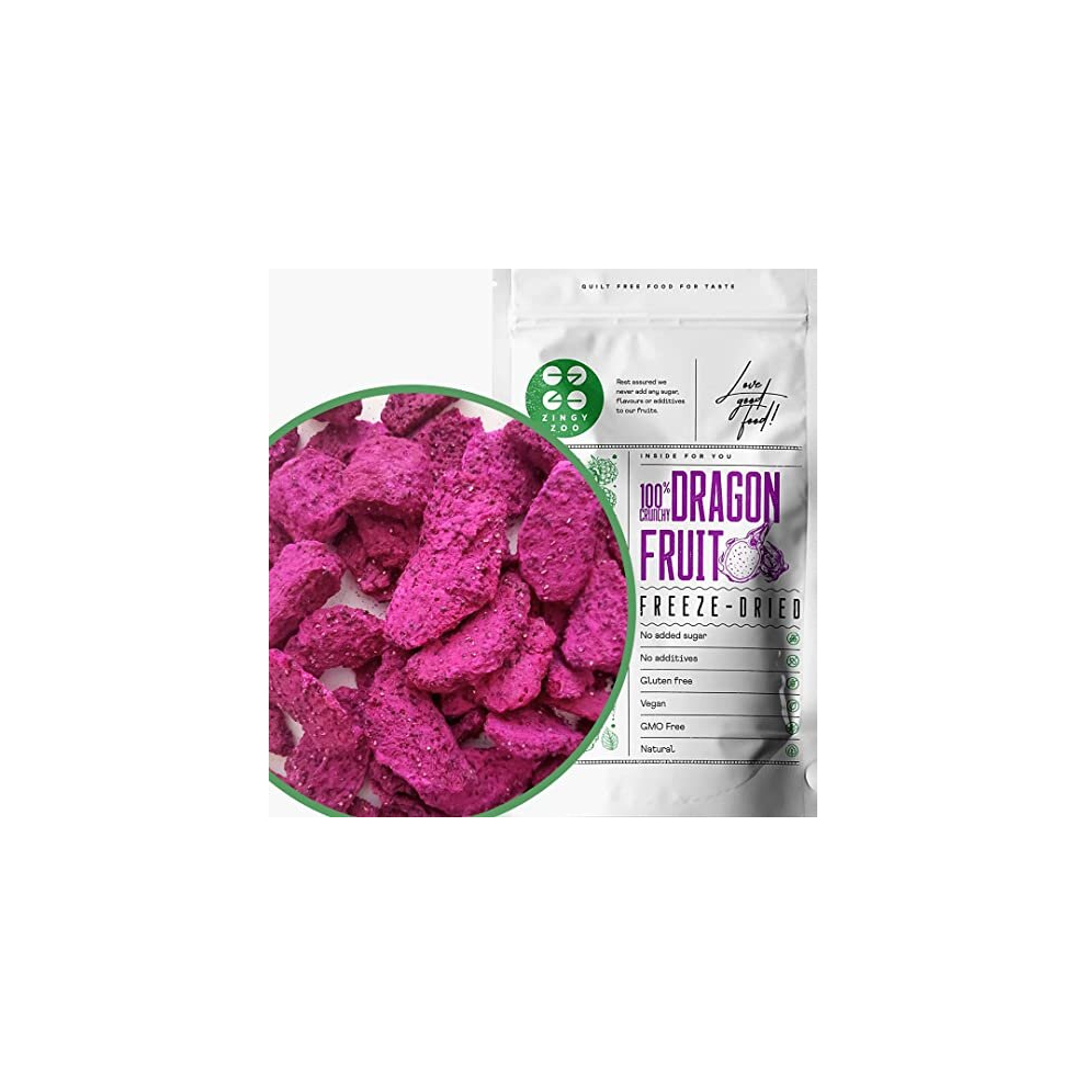 Zingy Zoo Freeze Dried Dragon Fruit | 100% Natural Raw Unsweetened Pitaya Pieces | Freeze Dried Fruit Pitahaya | Make Smoothie Powder Or Snacking | Red/Pink