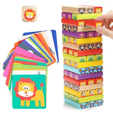 4-in-1 Wooden Tumble Tower Game with Animals & Colors - Family Game for Kids Ages 3-9 - Cognitive Skills Booster, Educational Board Game for Children